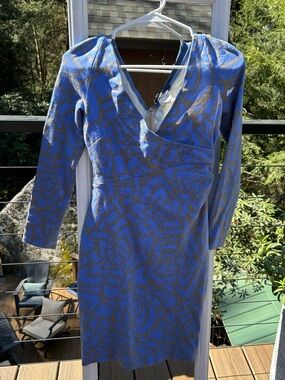 Versace Blue and Grey Floral Long Sleeve V-Neck Dress